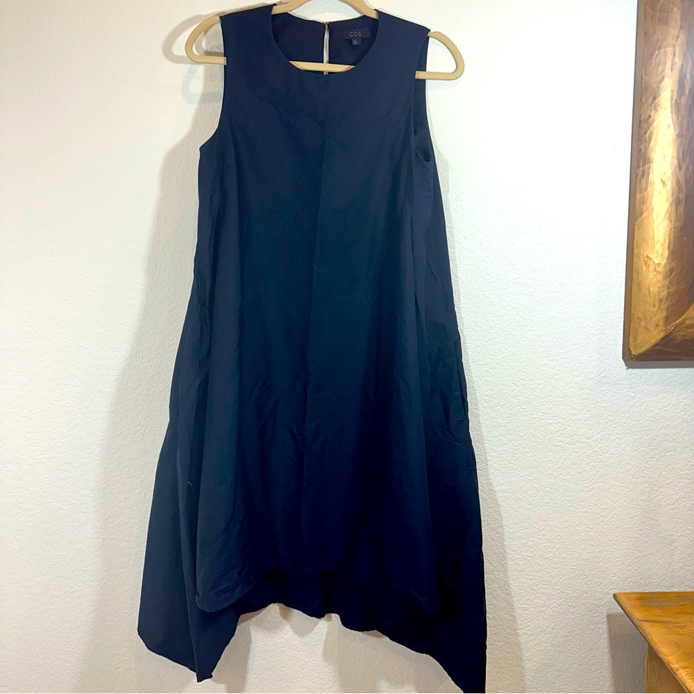 COS Minimalist Capsule Wardrobe Sleeveless Asymmetric Hem Dress 6 Midnight Blue